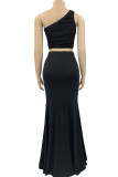 Rose Red Sexy Solid Patchwork Oblique Collar Sleeveless Two Pieces