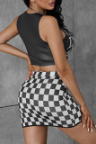 Black Sexy Street Plaid Print Patchwork O Neck Sleeveless Two Pieces
