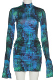 Blue Sexy Print Patchwork Half A Turtleneck Pencil Skirt Dresses