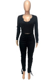 Black Fashion Casual Sweet Solid Fold O Neck Long Sleeve Two Pieces