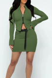 Green Sexy Solid Patchwork Zipper Collar Long Sleeve Two Pieces