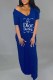 Deep Blue Fashion Casual Print Letter V Neck One Step Skirt Dresses