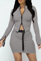 Grey Sexy Solid Patchwork Zipper Collar Long Sleeve Two Pieces