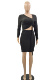 Black Sexy Solid Patchwork Draw String Fold Asymmetrical Collar Long Sleeve Two Pieces