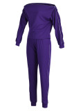 Purple Casual Solid Hollowed Out Patchwork Zipper Off the Shoulder Long Sleeve Two Pieces