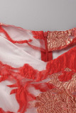 Red Elegant Embroidery Embroidered Patchwork V Neck Evening Dress Dresses