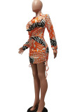 Purple Fashion Print Bandage Patchwork V Neck One Step Skirt Dresses