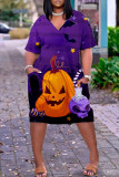 Dark Purple Fashion Casual Print Patchwork V Neck Short Sleeve Dress
