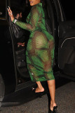 Black Green Sexy Print Patchwork Buckle Turndown Collar One Step Skirt Dresses