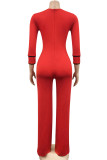 Red Casual Solid Patchwork Turndown Collar Straight Jumpsuits