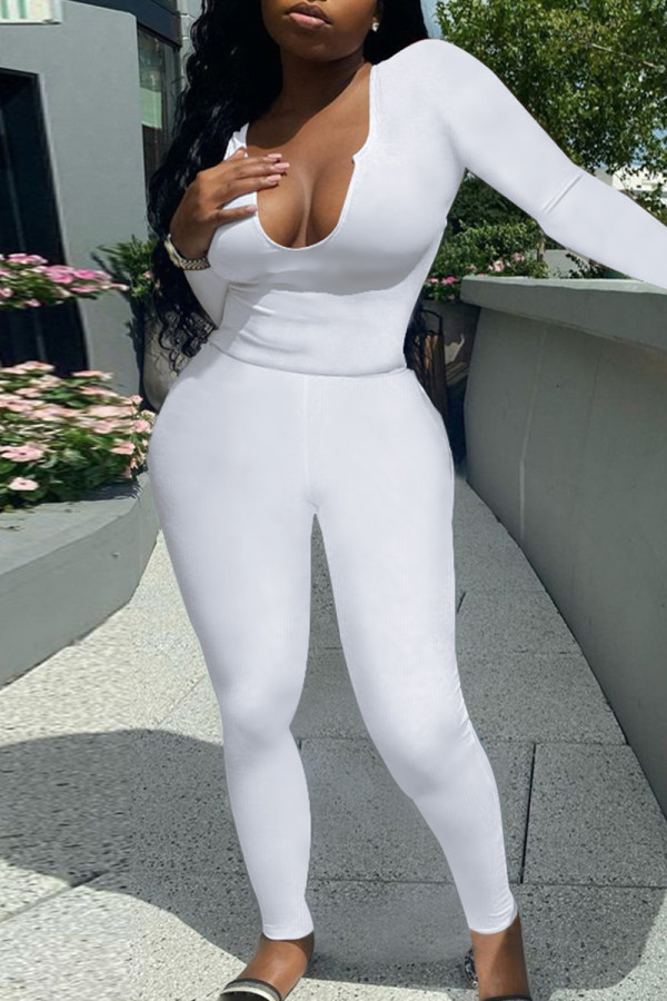 White Fashion Casual Solid Basic O Neck Long Sleeve Two Pieces