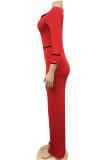 Red Casual Solid Patchwork Turndown Collar Straight Jumpsuits