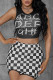 Black Sexy Street Plaid Print Patchwork O Neck Sleeveless Two Pieces