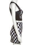 Black Sexy Street Plaid Print Patchwork O Neck Sleeveless Two Pieces