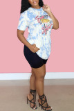 Blue Fashion Casual Print Patchwork O Neck Short Sleeve Two Pieces