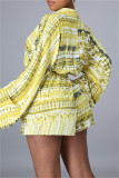 Yellow Fashion Casual Print Bandage Patchwork V Neck Regular Romper