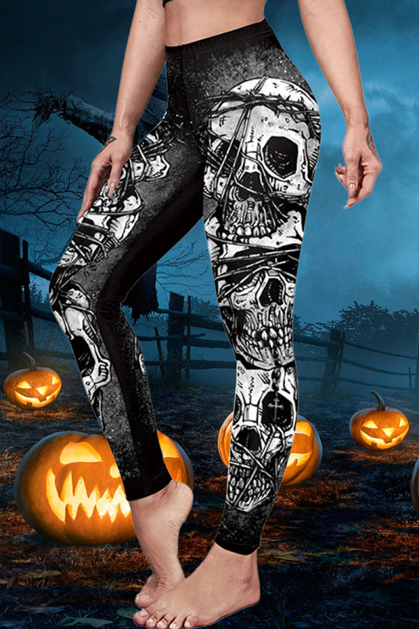 Black Fashion Casual Skull Head Print Patchwork Skinny High Waist Pencil Trousers