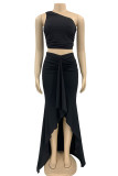 Rose Red Sexy Solid Patchwork Oblique Collar Sleeveless Two Pieces