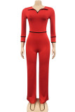 Red Casual Solid Patchwork Turndown Collar Straight Jumpsuits
