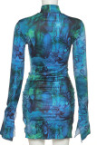 Blue Sexy Print Patchwork Half A Turtleneck Pencil Skirt Dresses