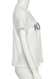 Cream White Fashion Print Mesh O Neck T-Shirts