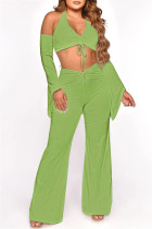 Fruit Green Fashion Sexy Solid Hollowed Out Frenulum Backless Halter Long Sleeve Two Pieces