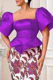 Purple Elegant Solid Patchwork Asymmetrical Square Collar Tops