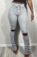 Grey Fashion Casual Solid Ripped Fold Skinny High Waist Trousers