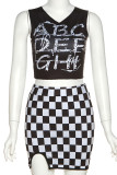 Black Sexy Street Plaid Print Patchwork O Neck Sleeveless Two Pieces
