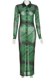Black Green Sexy Print Patchwork Buckle Turndown Collar One Step Skirt Dresses