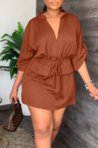 Brown Casual Solid Patchwork Draw String V Neck Straight Dresses