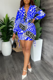 Purple Fashion Print Bandage Patchwork V Neck One Step Skirt Dresses