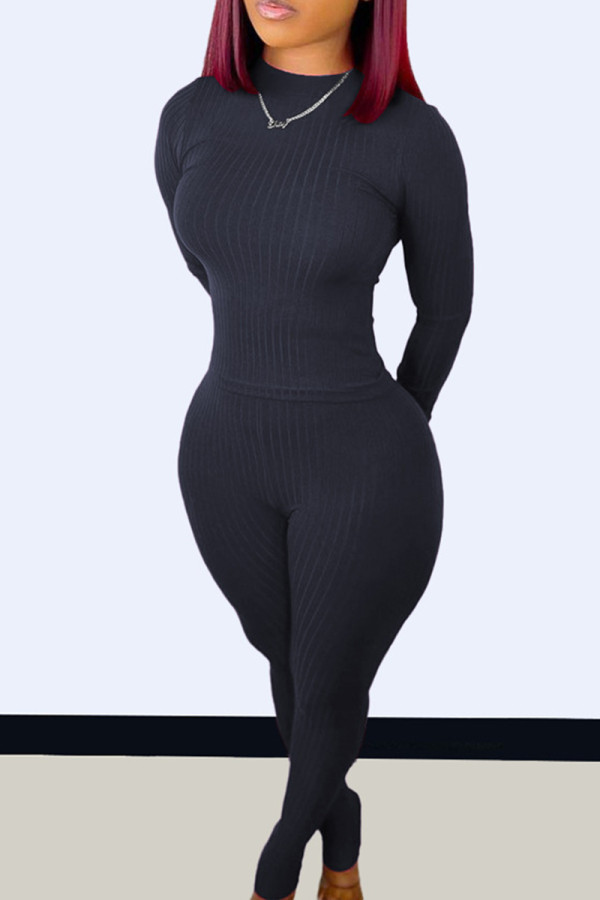 Black Fashion Casual Solid Basic O Neck Long Sleeve Two Pieces