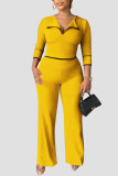 Red Casual Solid Patchwork Turndown Collar Straight Jumpsuits
