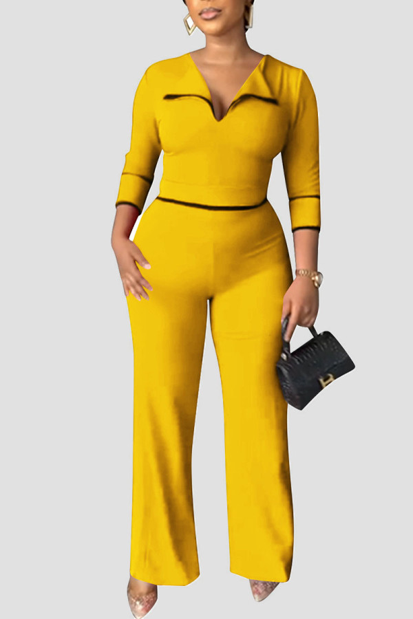Yellow Casual Solid Patchwork Turndown Collar Straight Jumpsuits