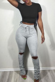 Pink Fashion Casual Solid Ripped Fold Skinny High Waist Trousers