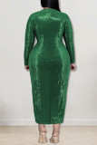 Green Sexy Solid Sequins Patchwork Slit V Neck Plus Size Dresses