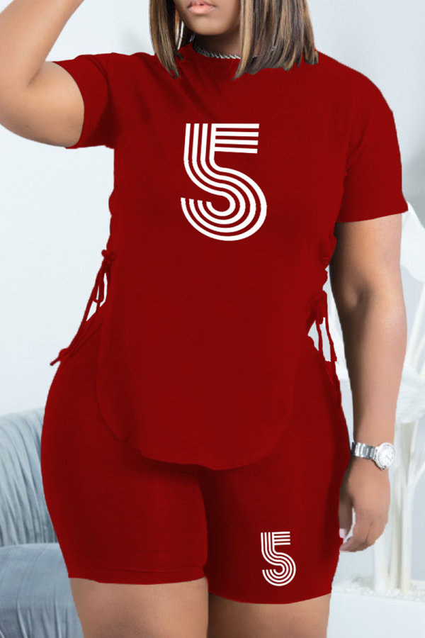 Burgundy Fashion Print Draw String O Neck Short Sleeve Two Pieces