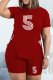 Burgundy Fashion Print Draw String O Neck Short Sleeve Two Pieces
