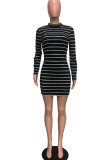 Black Casual Striped Print Patchwork O Neck Pencil Skirt Dresses