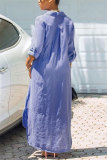 Light Blue Casual Fashion Long Sleeve Loose Long Shirt Dress (Without Belt)