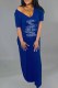 Deep Blue Fashion Casual Print Letter V Neck One Step Skirt Dresses