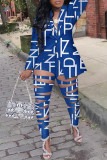 Navy Sexy Street Print Hollowed Out Turn-back Collar Two Pieces