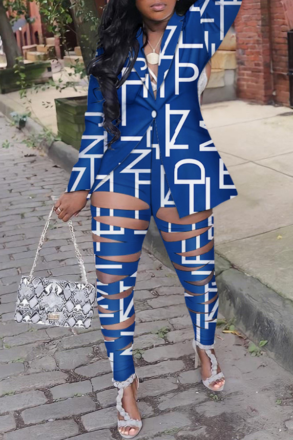 Navy Sexy Street Print Hollowed Out Turn-back Collar Two Pieces