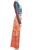 Orange Sexy Print Patchwork O Neck Long Sleeve Two Pieces