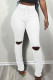 White Fashion Casual Solid Ripped Fold Skinny High Waist Trousers