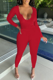 Red Fashion Casual Solid Basic O Neck Long Sleeve Two Pieces