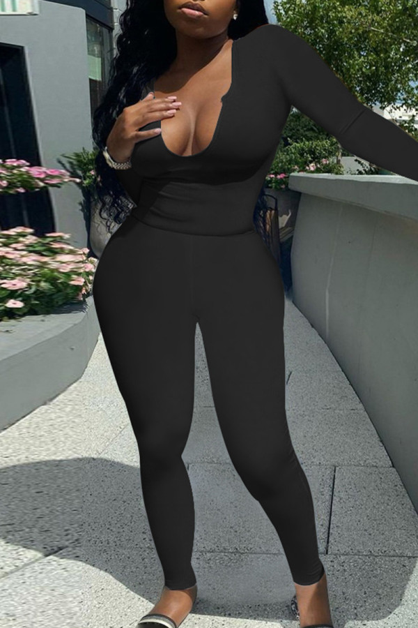 Black Fashion Casual Solid Basic O Neck Long Sleeve Two Pieces