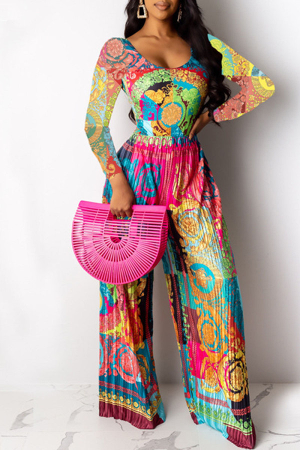 Colour Fashion Print Patchwork U Neck Long Sleeve Two Pieces