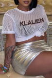 Cream White Fashion Print Mesh O Neck T-Shirts